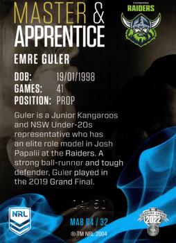 2022 NRL Traders - Master & Apprentice Blue #MAB04 Emre Guler Back